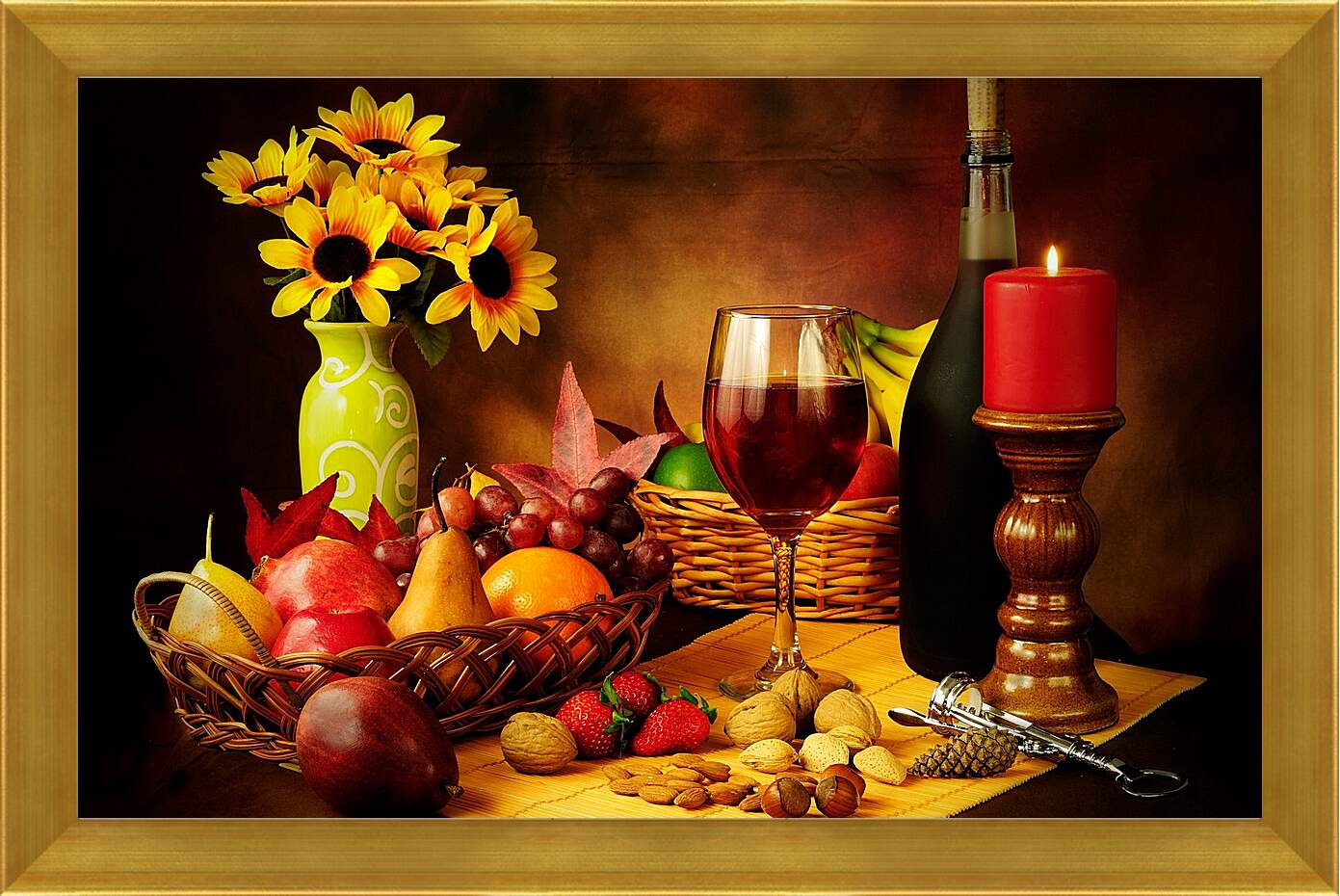 Картина в раме - Вино, фрукты и орехи