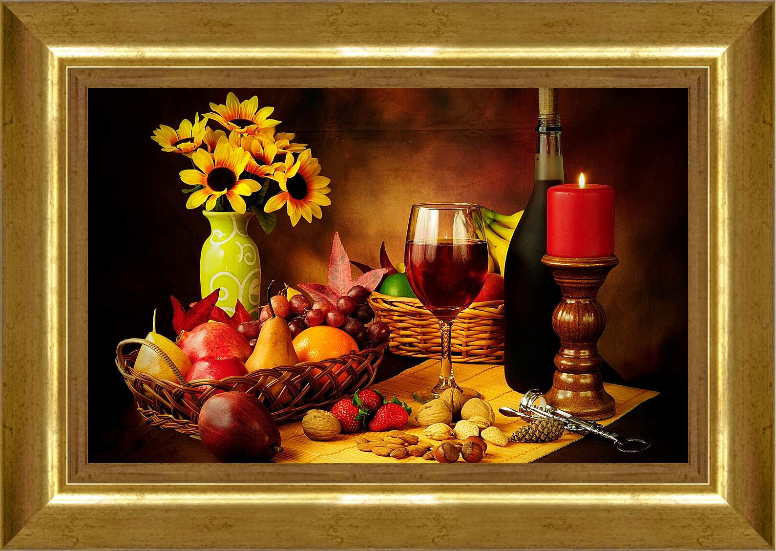 Картина в раме - Вино, фрукты и орехи