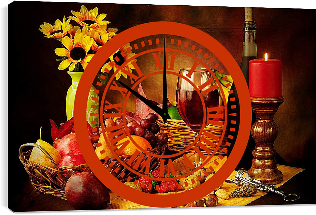 Часы картина - Вино, фрукты и орехи