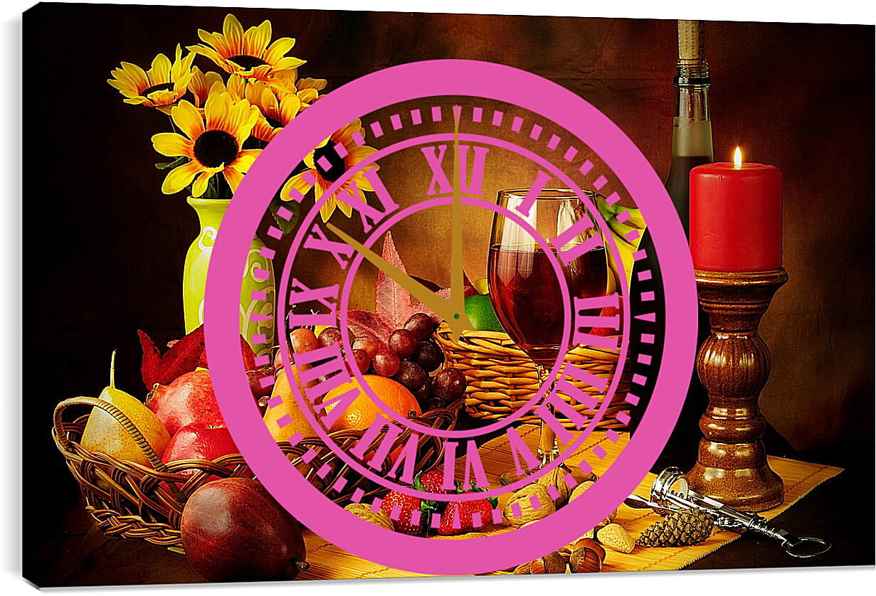 Часы картина - Вино, фрукты и орехи