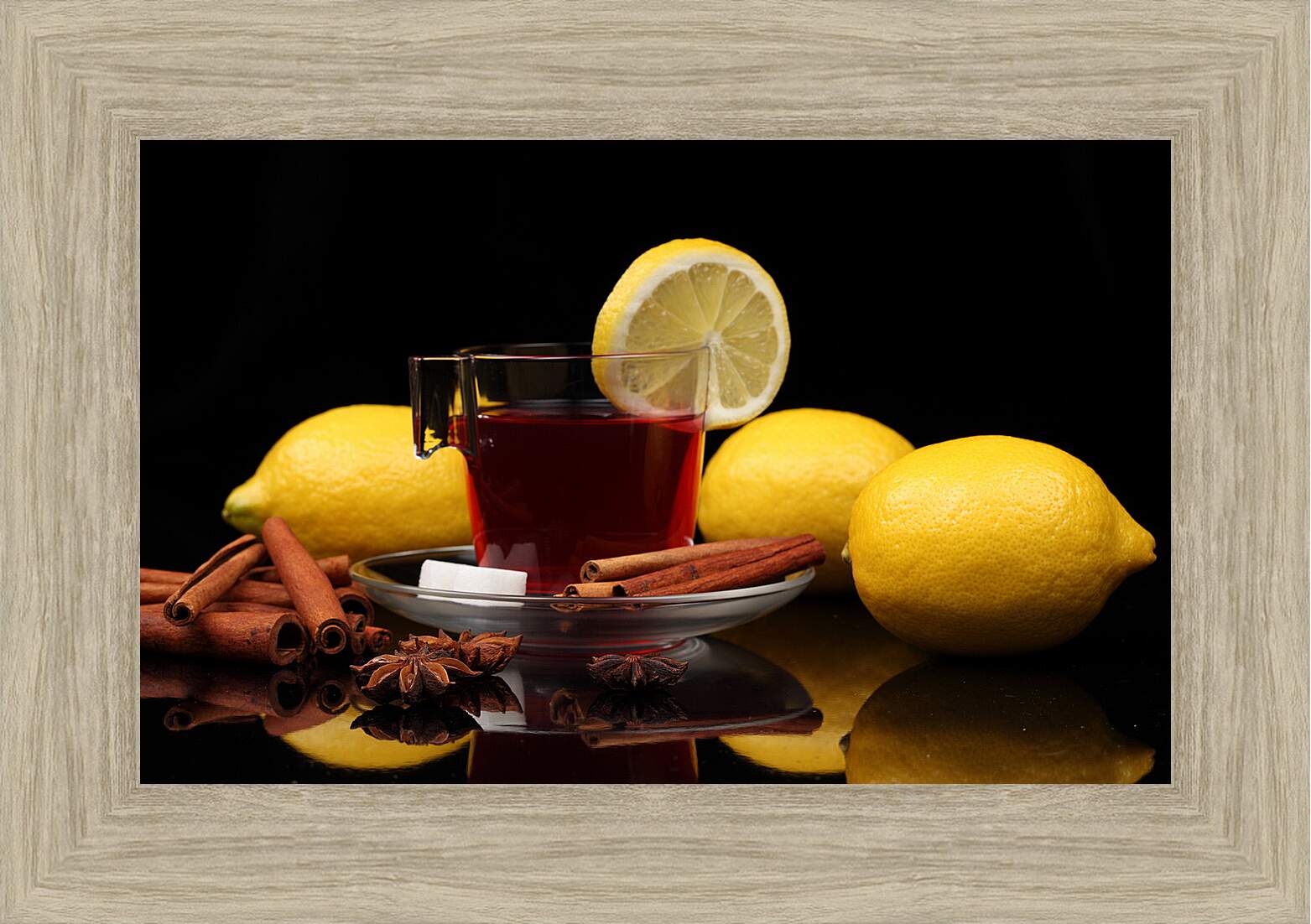 Картина в раме - Три лимона и чашкой чая