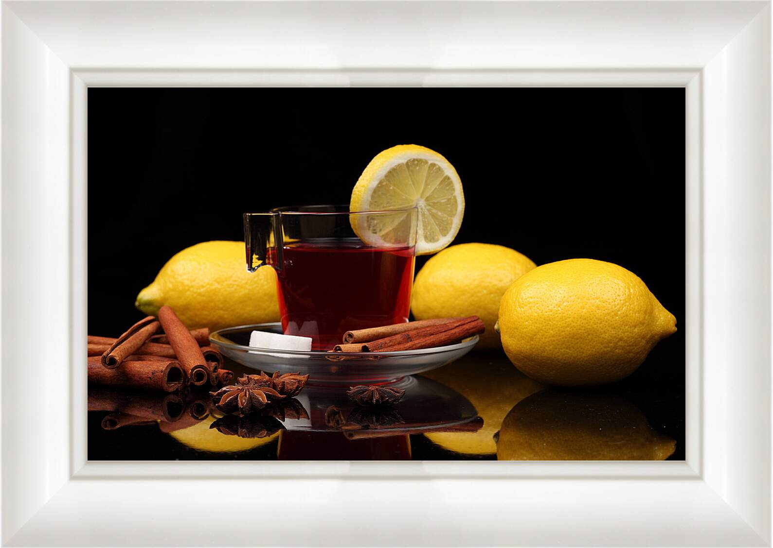 Картина в раме - Три лимона и чашкой чая
