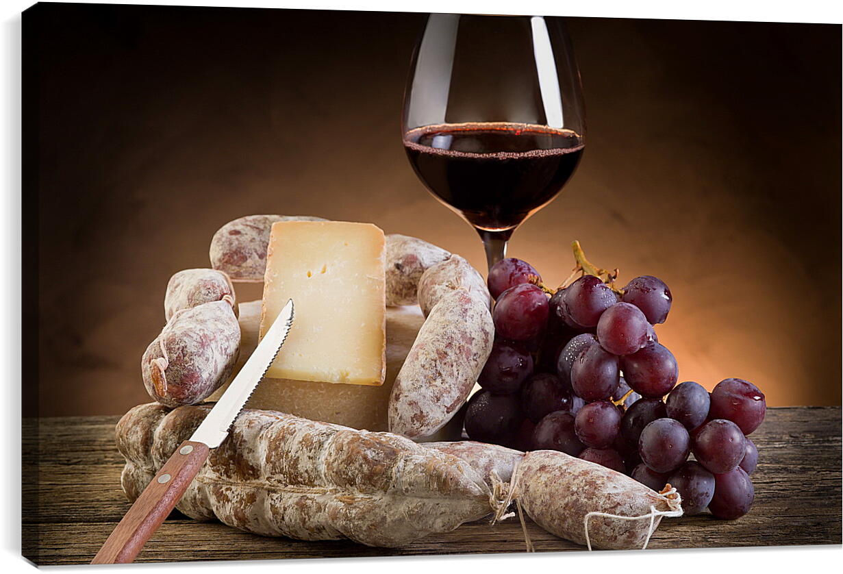 Постер и плакат - Сыр, виноград и бокал вина