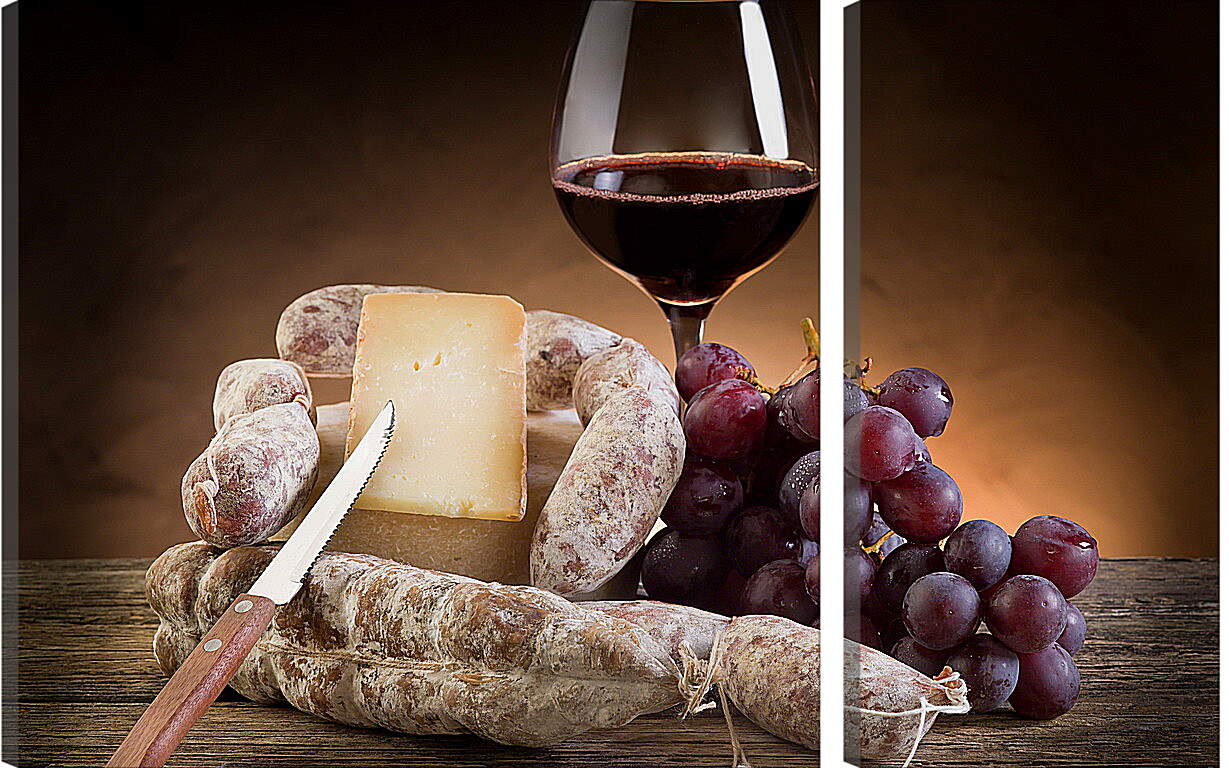 Модульная картина - Сыр, виноград и бокал вина