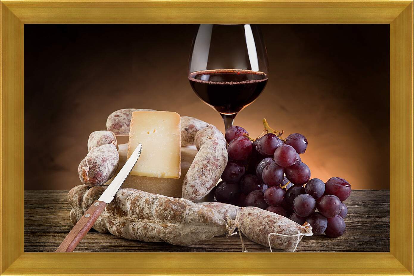 Картина в раме - Сыр, виноград и бокал вина