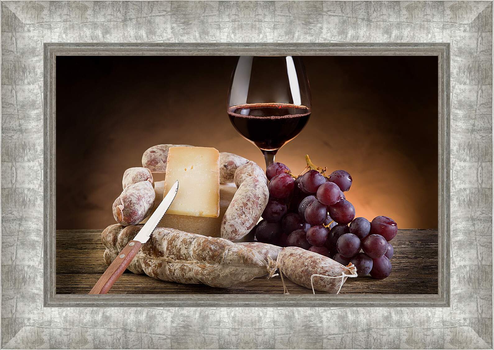 Картина в раме - Сыр, виноград и бокал вина