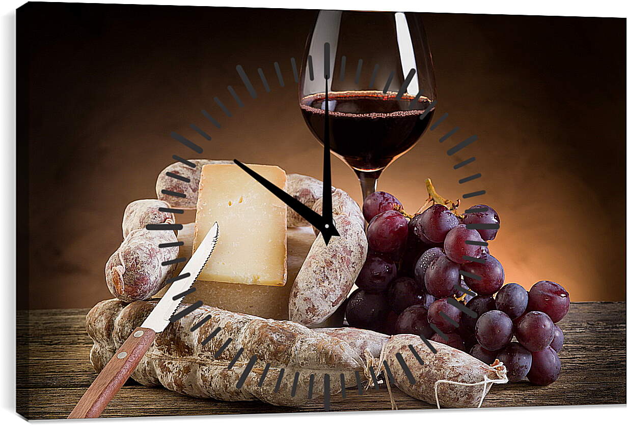 Часы картина - Сыр, виноград и бокал вина