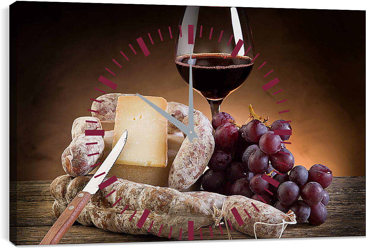 Часы картина - Сыр, виноград и бокал вина