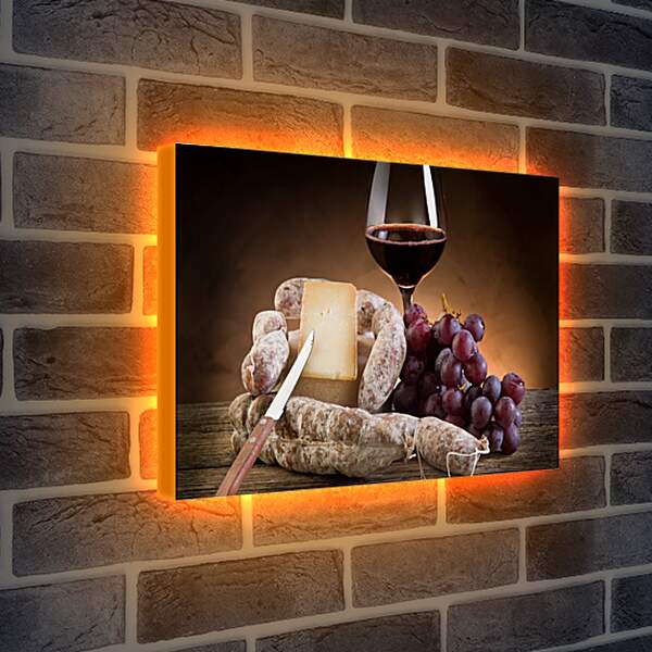 Лайтбокс световая панель - Сыр, виноград и бокал вина