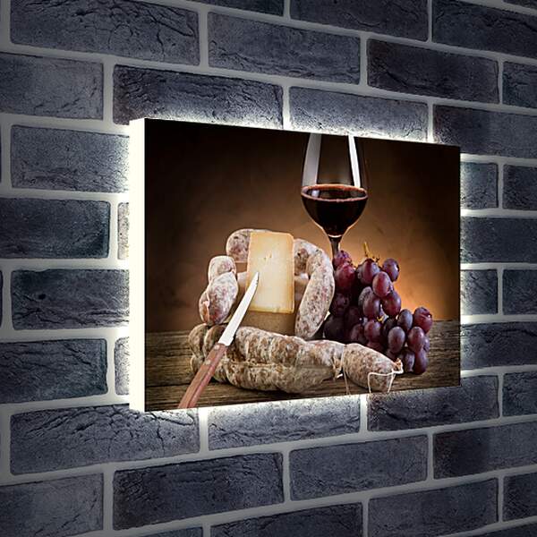 Лайтбокс световая панель - Сыр, виноград и бокал вина