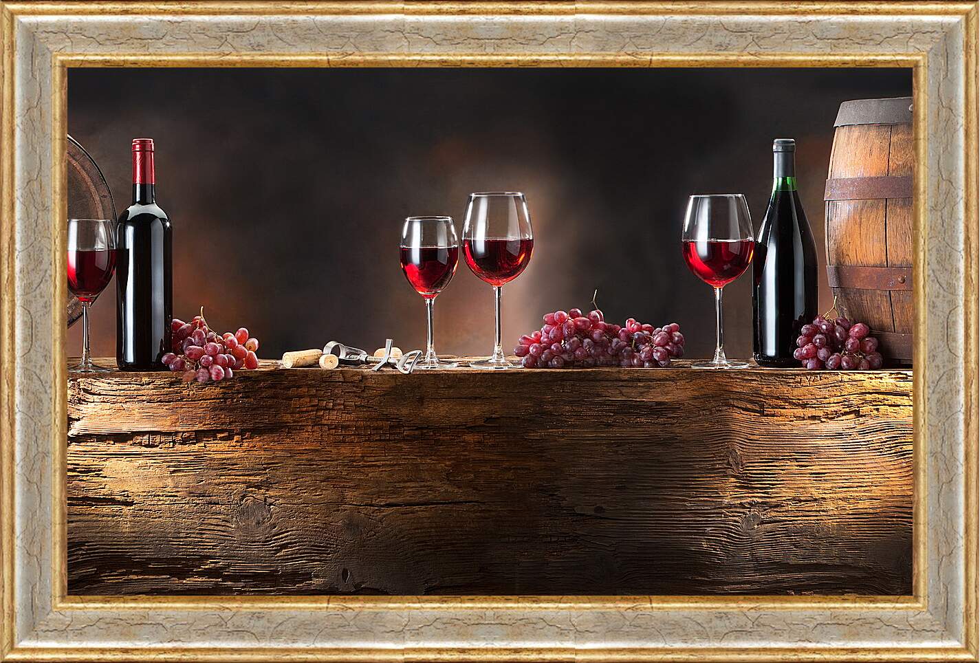 Картина в раме - Четыре бокала вина и две бутылки