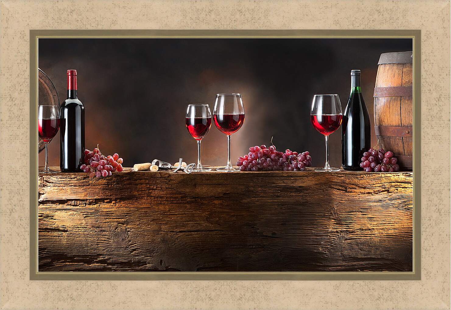 Картина в раме - Четыре бокала вина и две бутылки