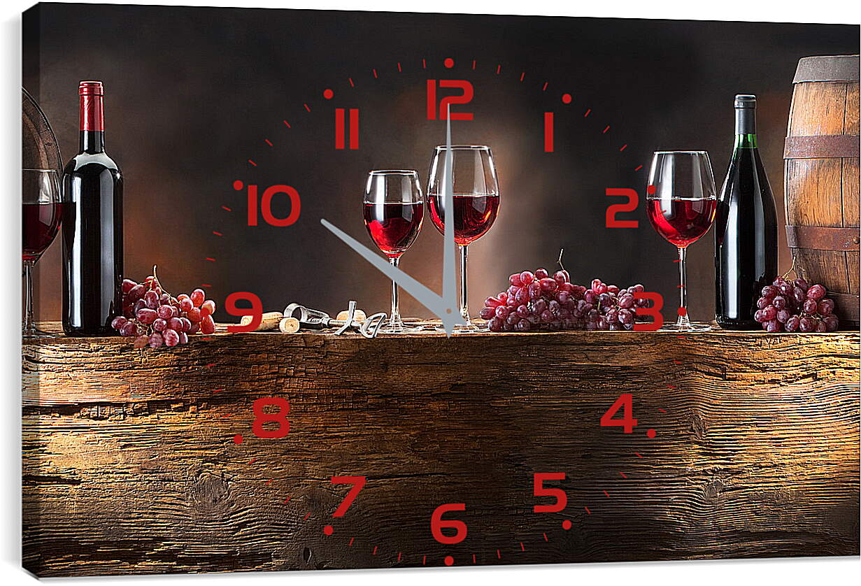 Часы картина - Четыре бокала вина и две бутылки