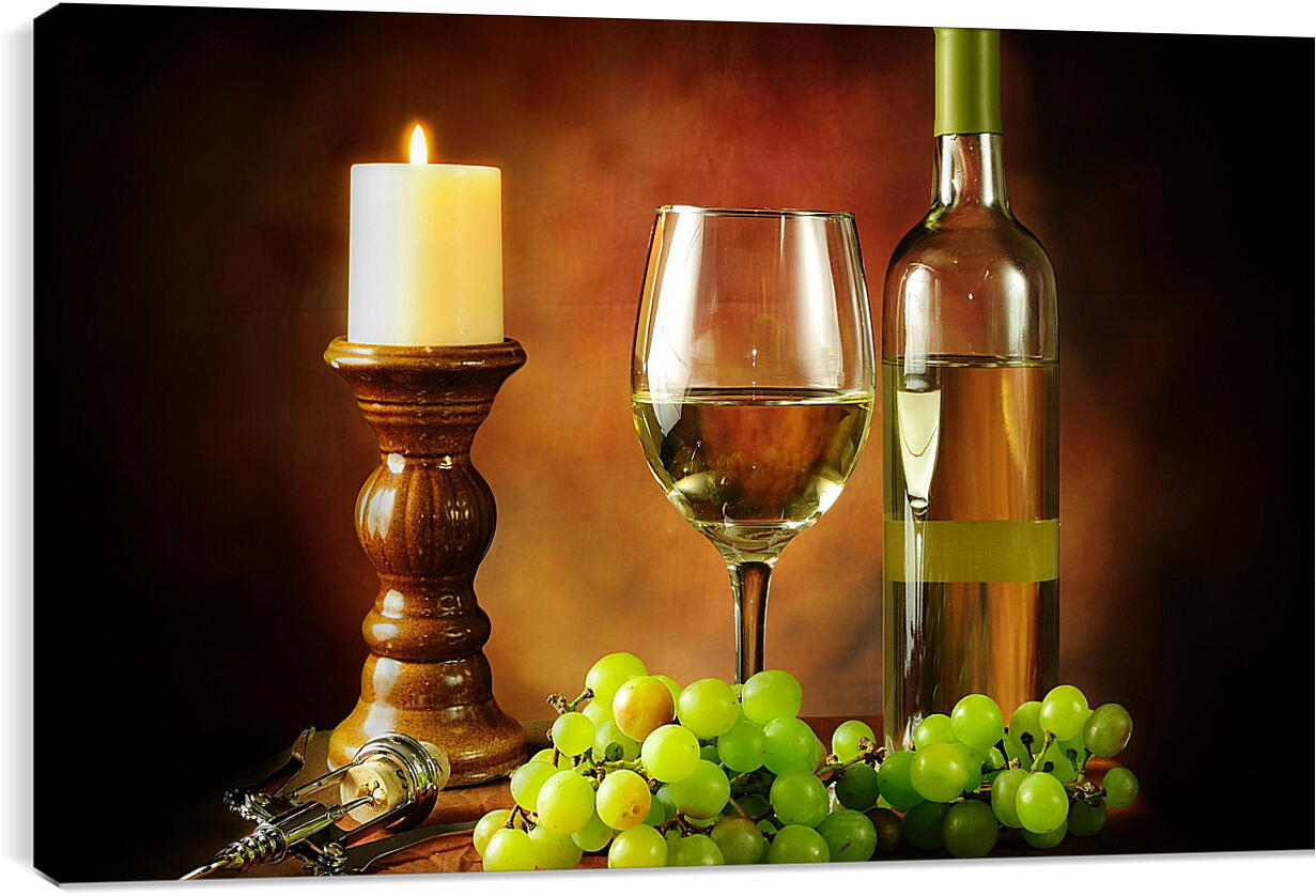 Постер и плакат - Горящая свечка и вино с виноградом