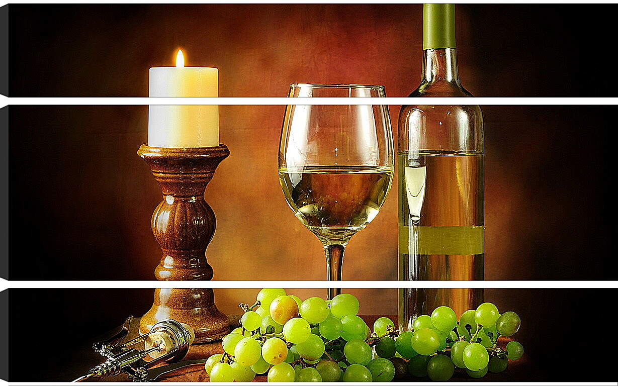 Модульная картина - Горящая свечка и вино с виноградом