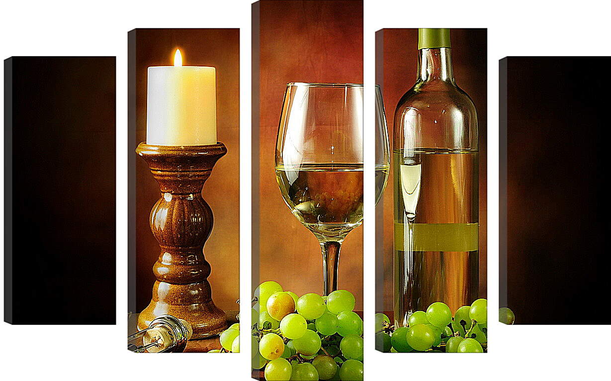 Модульная картина - Горящая свечка и вино с виноградом