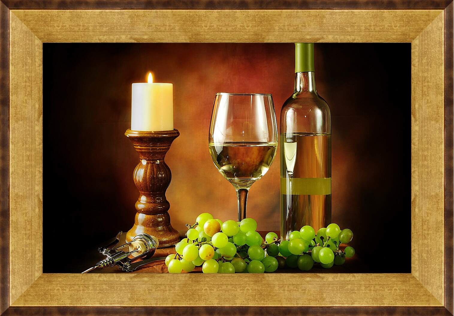 Картина в раме - Горящая свечка и вино с виноградом
