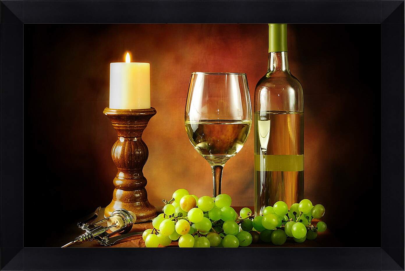 Картина в раме - Горящая свечка и вино с виноградом