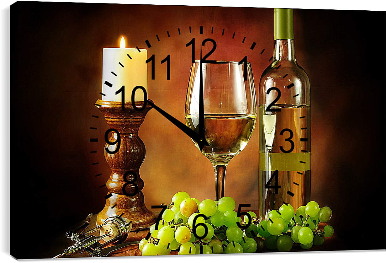 Часы картина - Горящая свечка и вино с виноградом