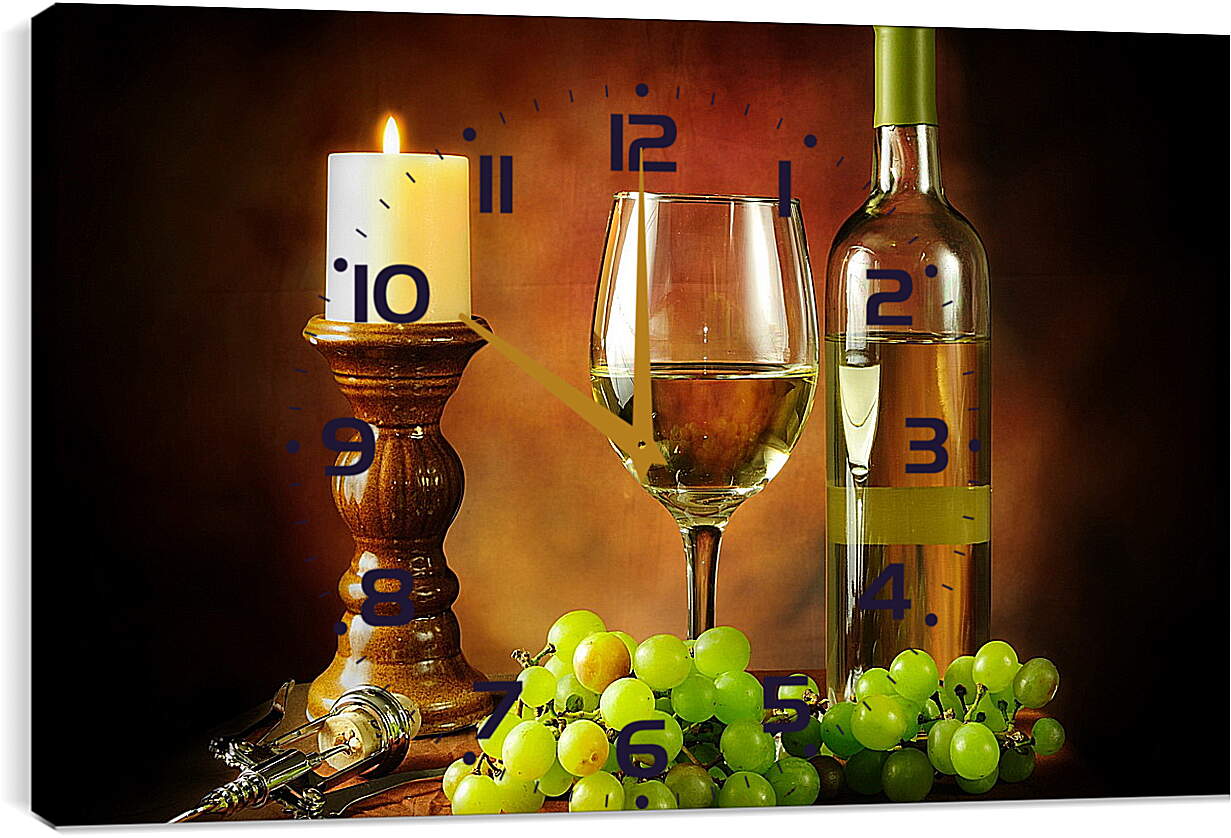 Часы картина - Горящая свечка и вино с виноградом