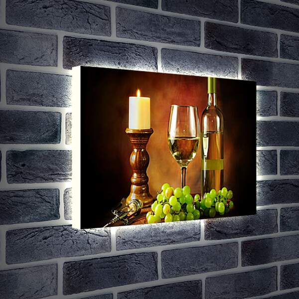 Лайтбокс световая панель - Горящая свечка и вино с виноградом