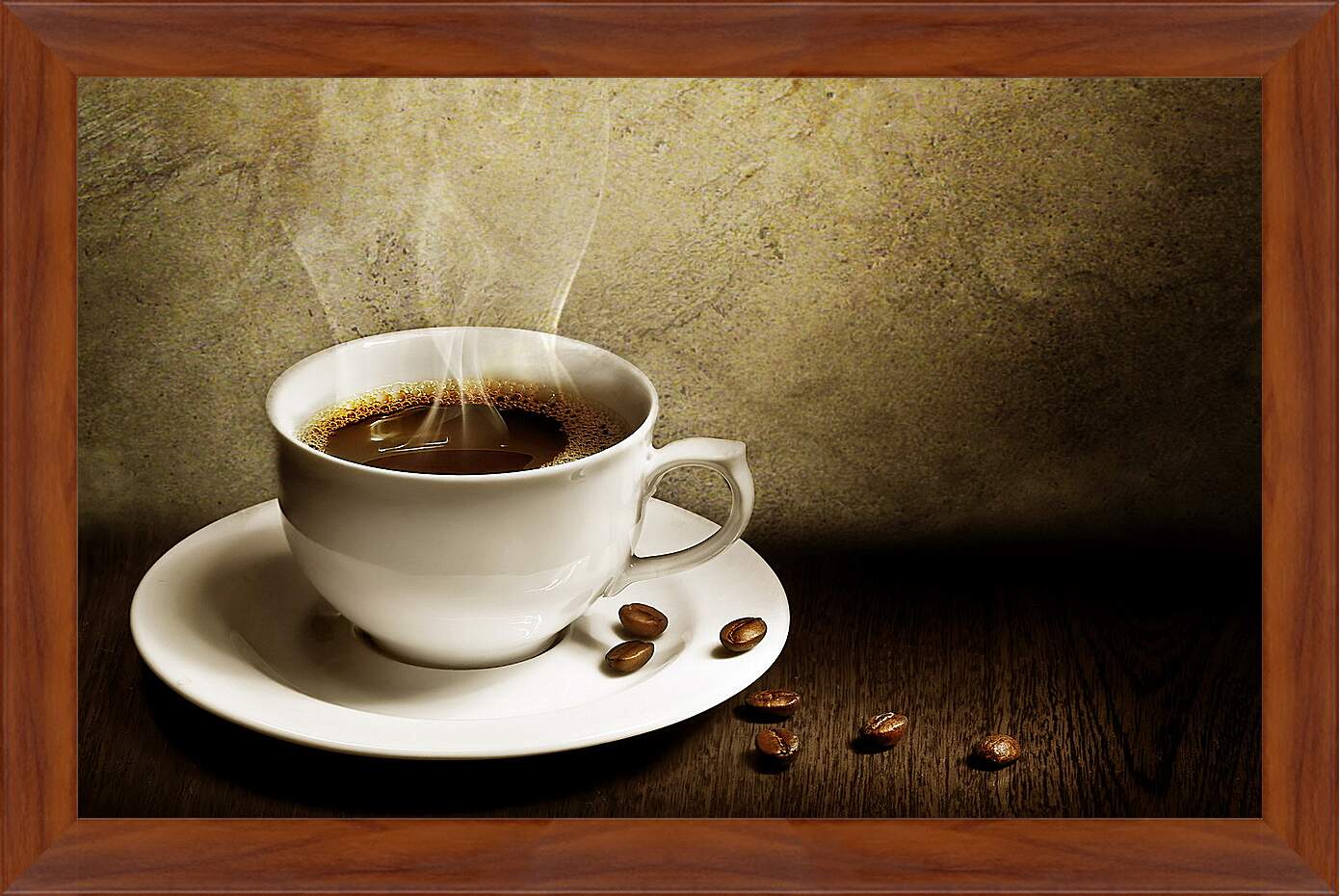 Картина в раме - Чашка горячего кофе на белом блюдце