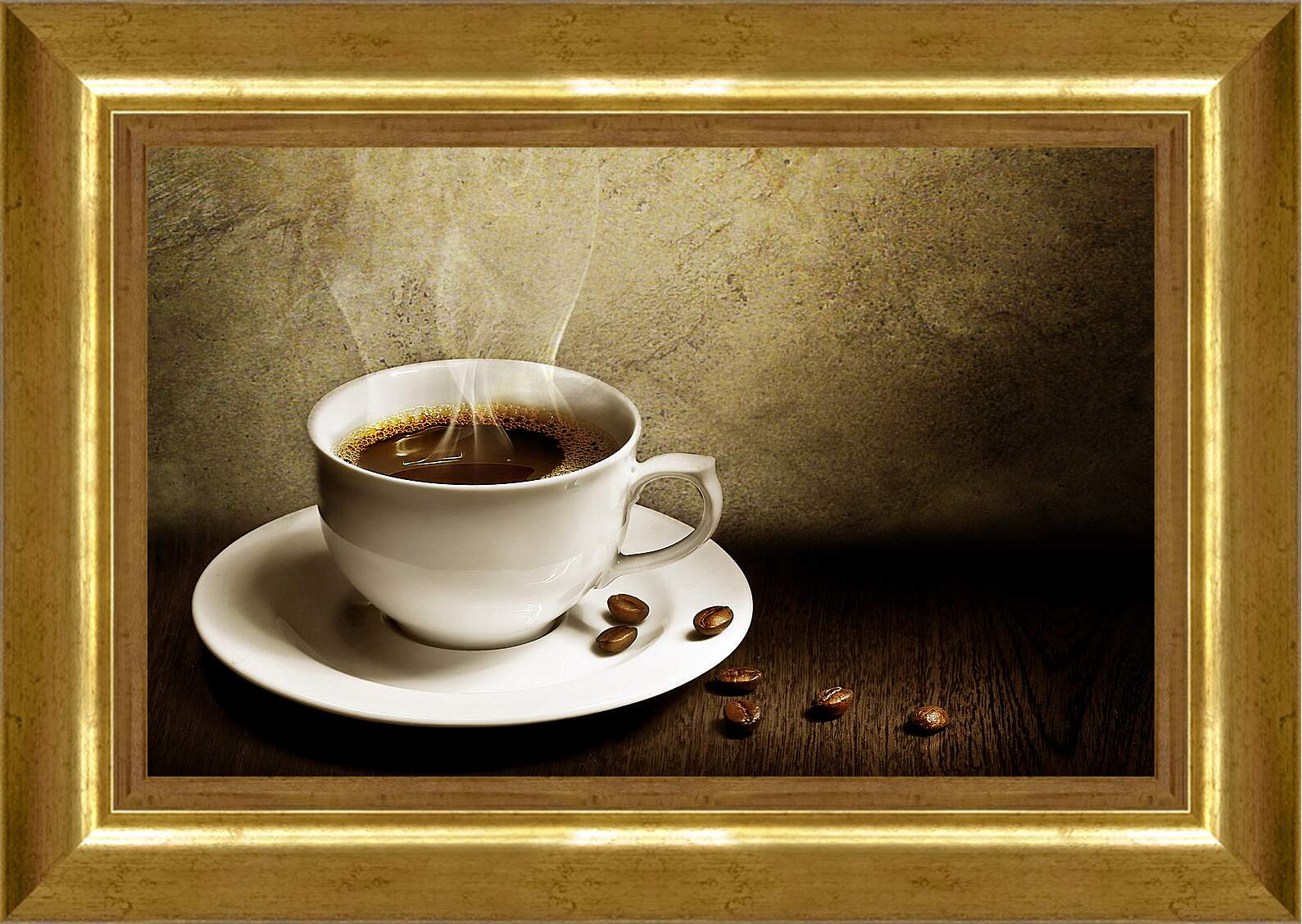 Картина в раме - Чашка горячего кофе на белом блюдце