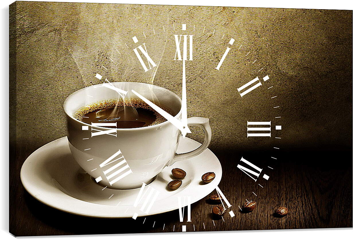 Часы картина - Чашка горячего кофе на белом блюдце