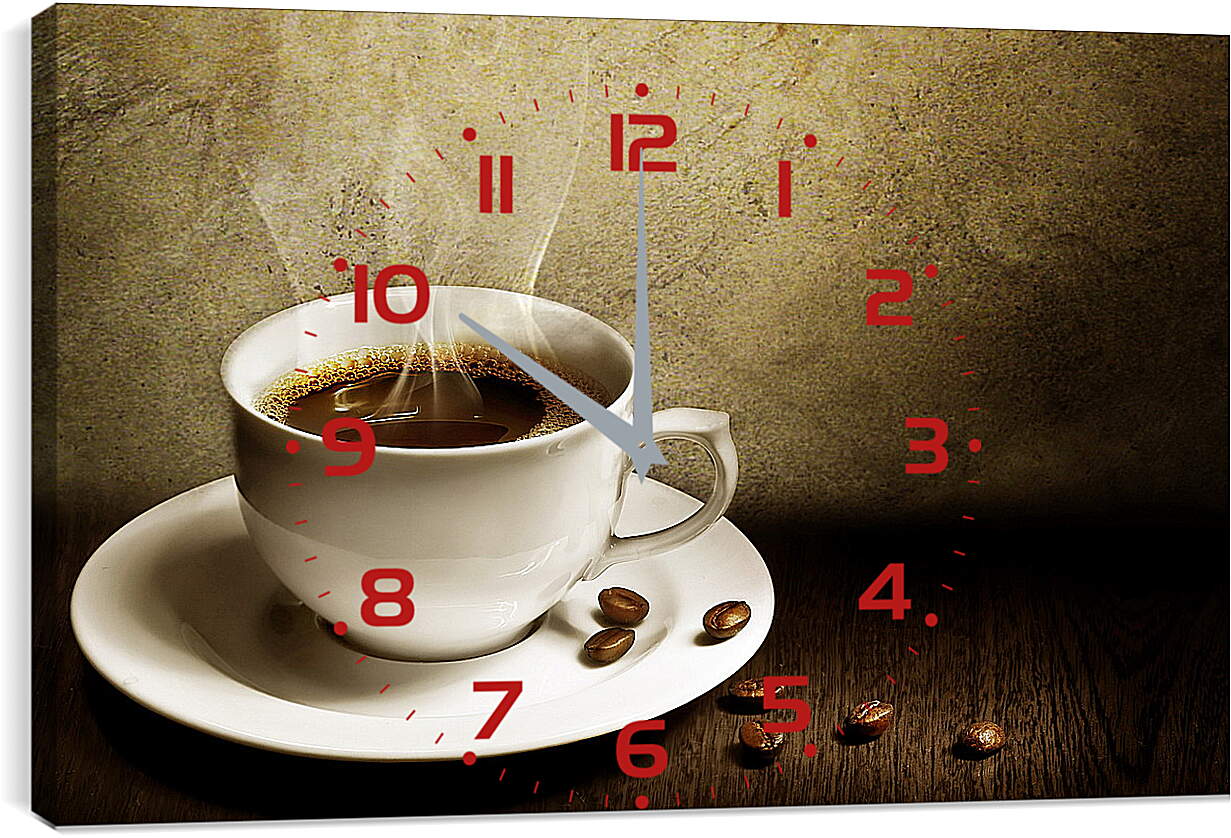 Часы картина - Чашка горячего кофе на белом блюдце