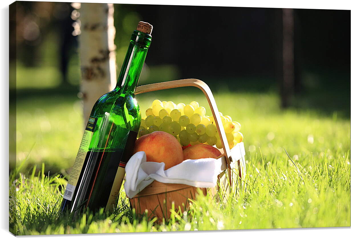 Постер и плакат - Бутылка вина и фрукты на траве