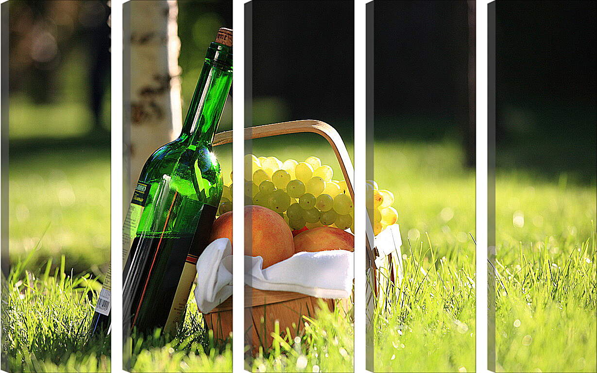 Модульная картина - Бутылка вина и фрукты на траве