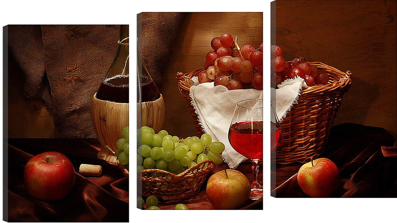 Модульная картина - Виноград с яблоками и вино