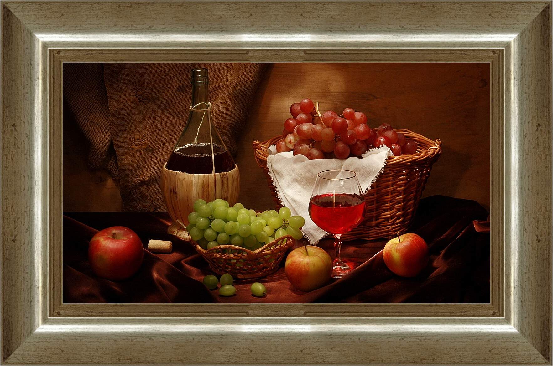 Картина в раме - Виноград с яблоками и вино