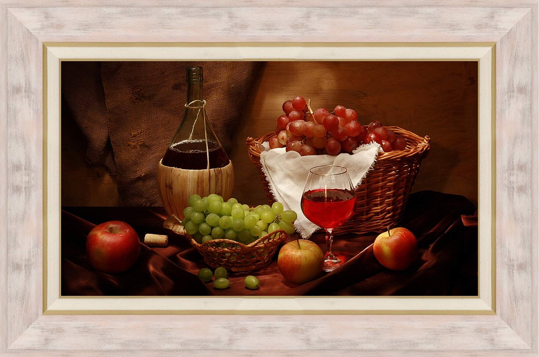 Картина в раме - Виноград с яблоками и вино