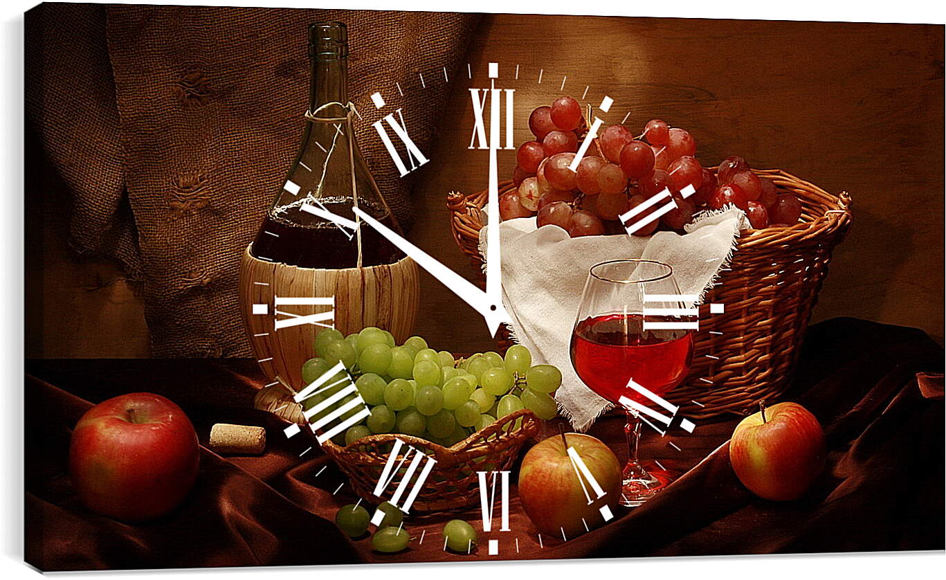 Часы картина - Виноград с яблоками и вино