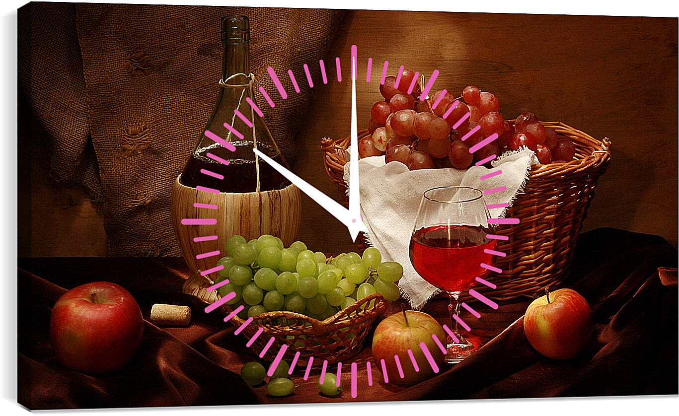 Часы картина - Виноград с яблоками и вино