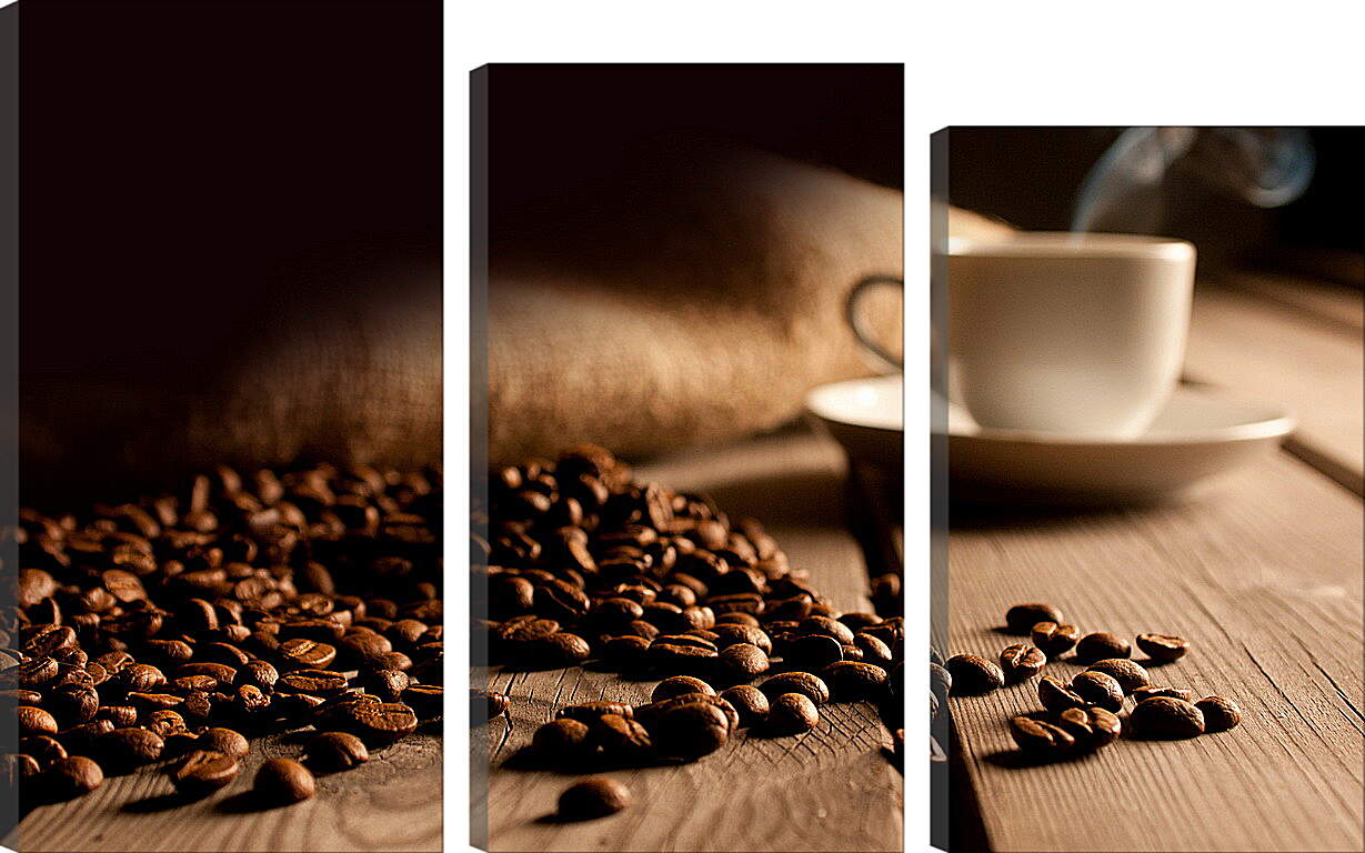 Модульная картина - Рассыпанные зёрна кофе возле блюдца с чашкой