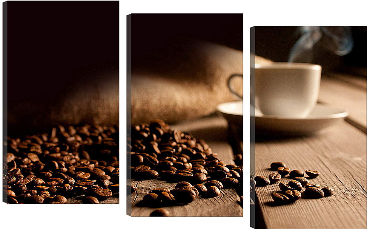 Модульная картина - Рассыпанные зёрна кофе возле блюдца с чашкой
