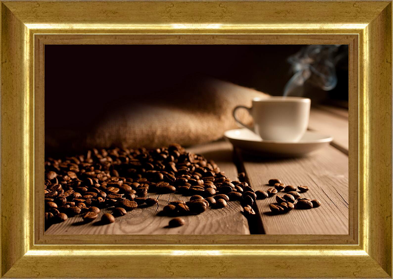 Картина в раме - Рассыпанные зёрна кофе возле блюдца с чашкой