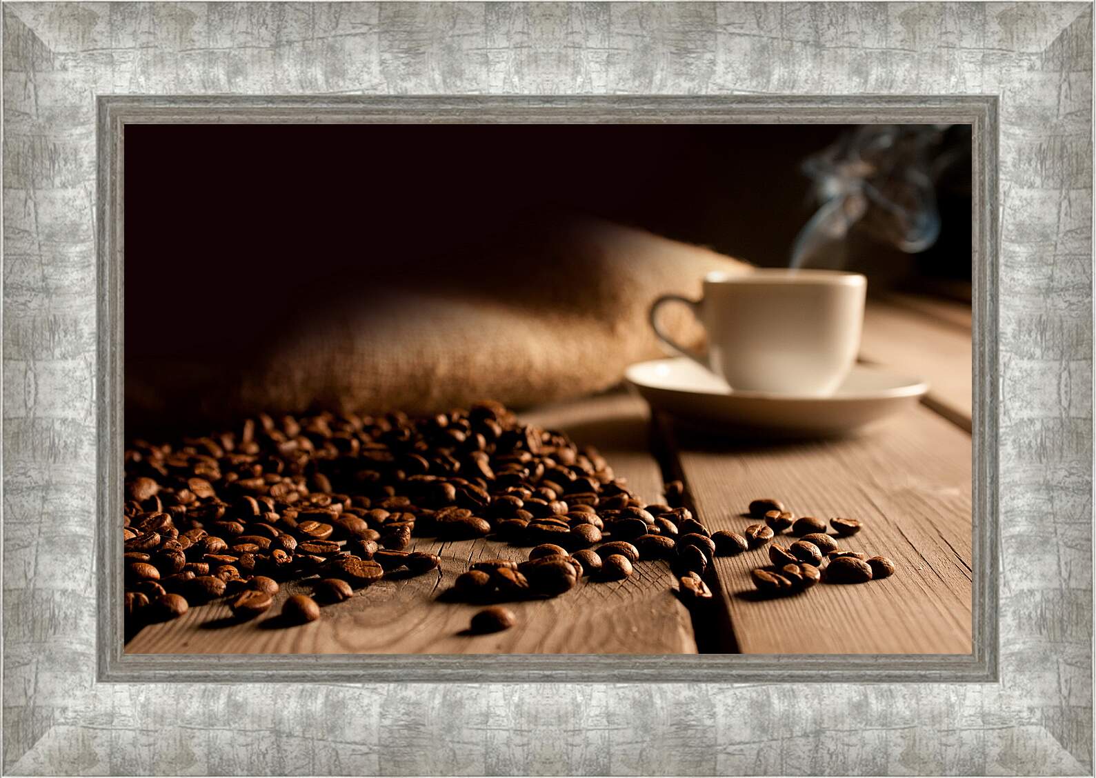 Картина в раме - Рассыпанные зёрна кофе возле блюдца с чашкой