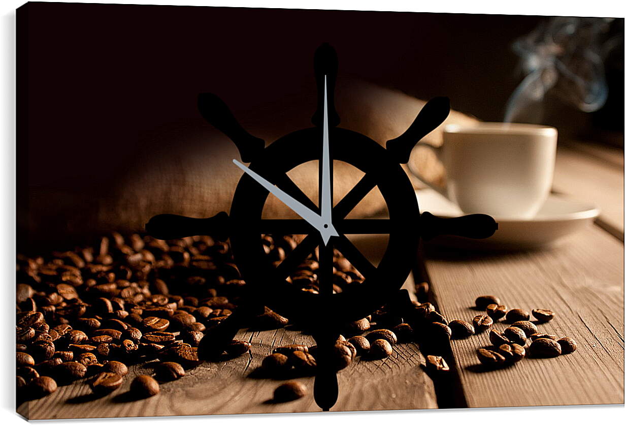 Часы картина - Рассыпанные зёрна кофе возле блюдца с чашкой