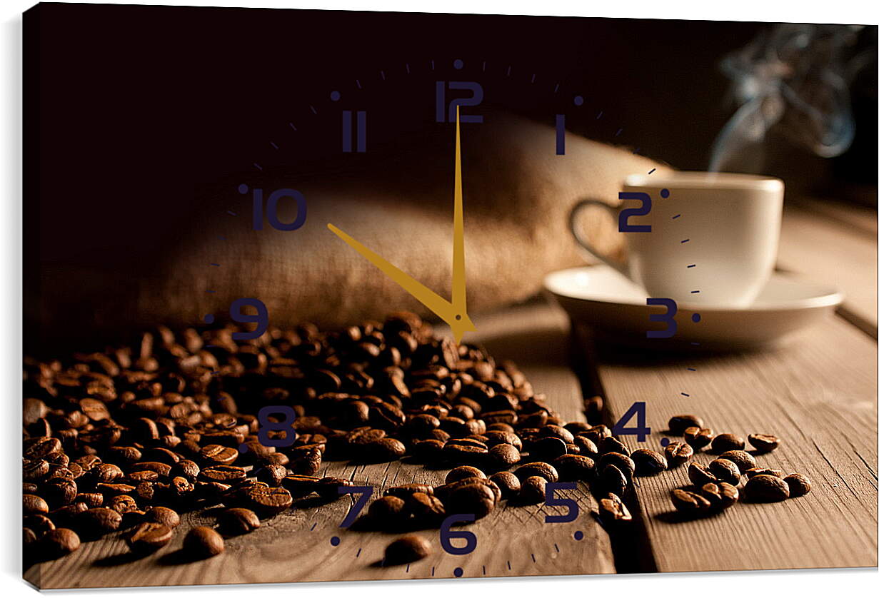 Часы картина - Рассыпанные зёрна кофе возле блюдца с чашкой