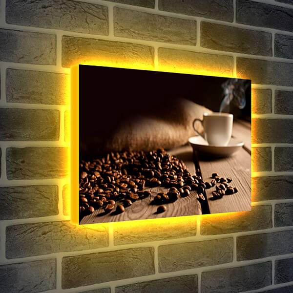Лайтбокс световая панель - Рассыпанные зёрна кофе возле блюдца с чашкой
