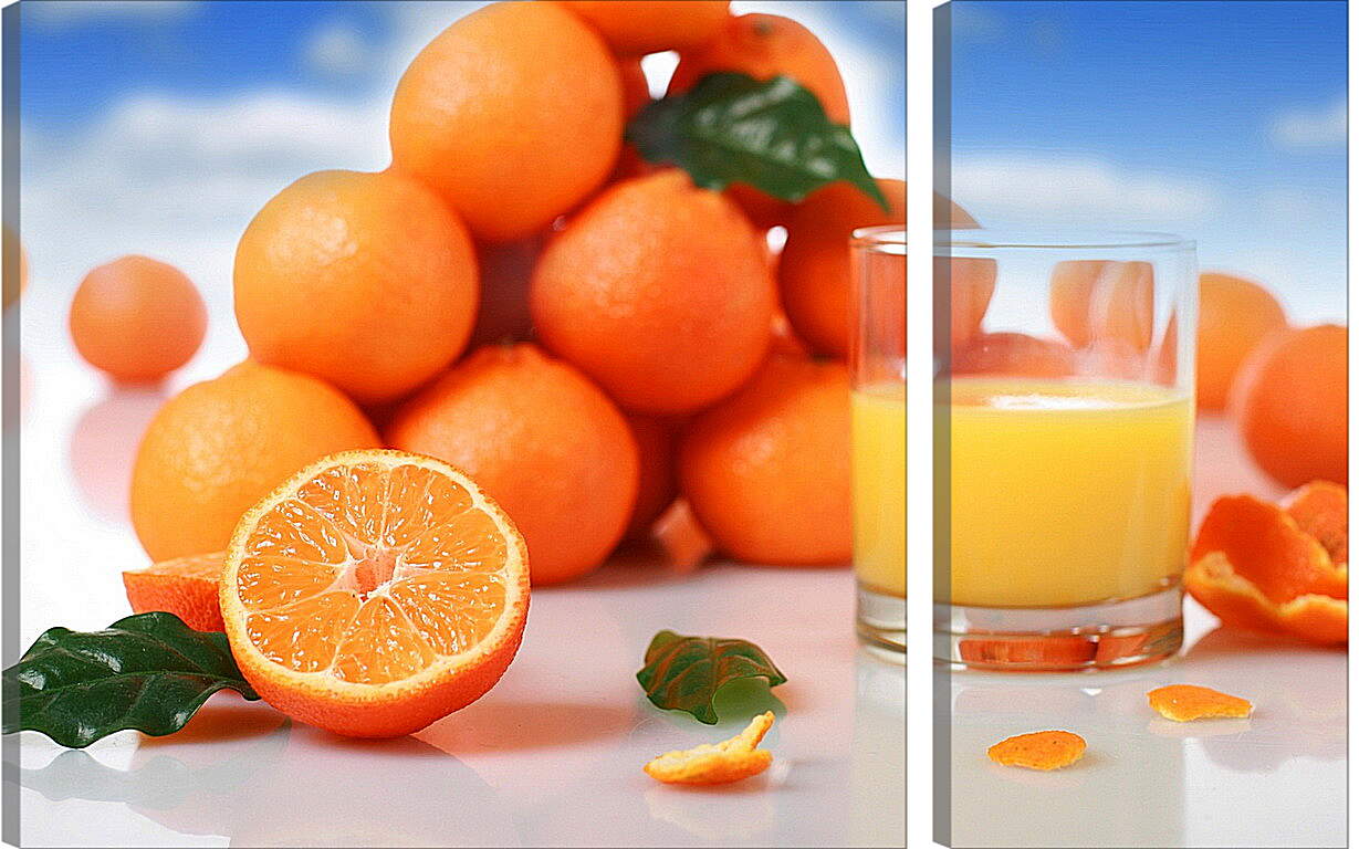 Модульная картина - Апельсиновый сок в стакане и апельсины на столе
