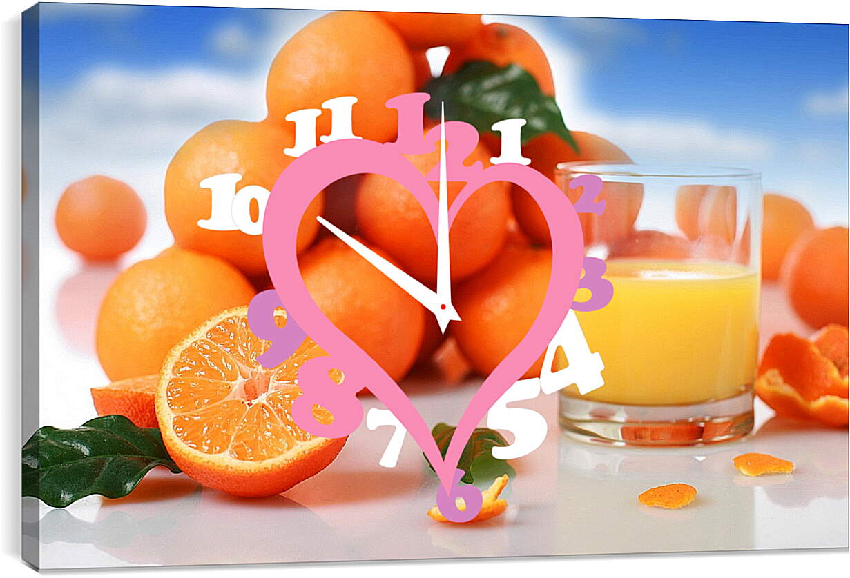 Часы картина - Апельсиновый сок в стакане и апельсины на столе