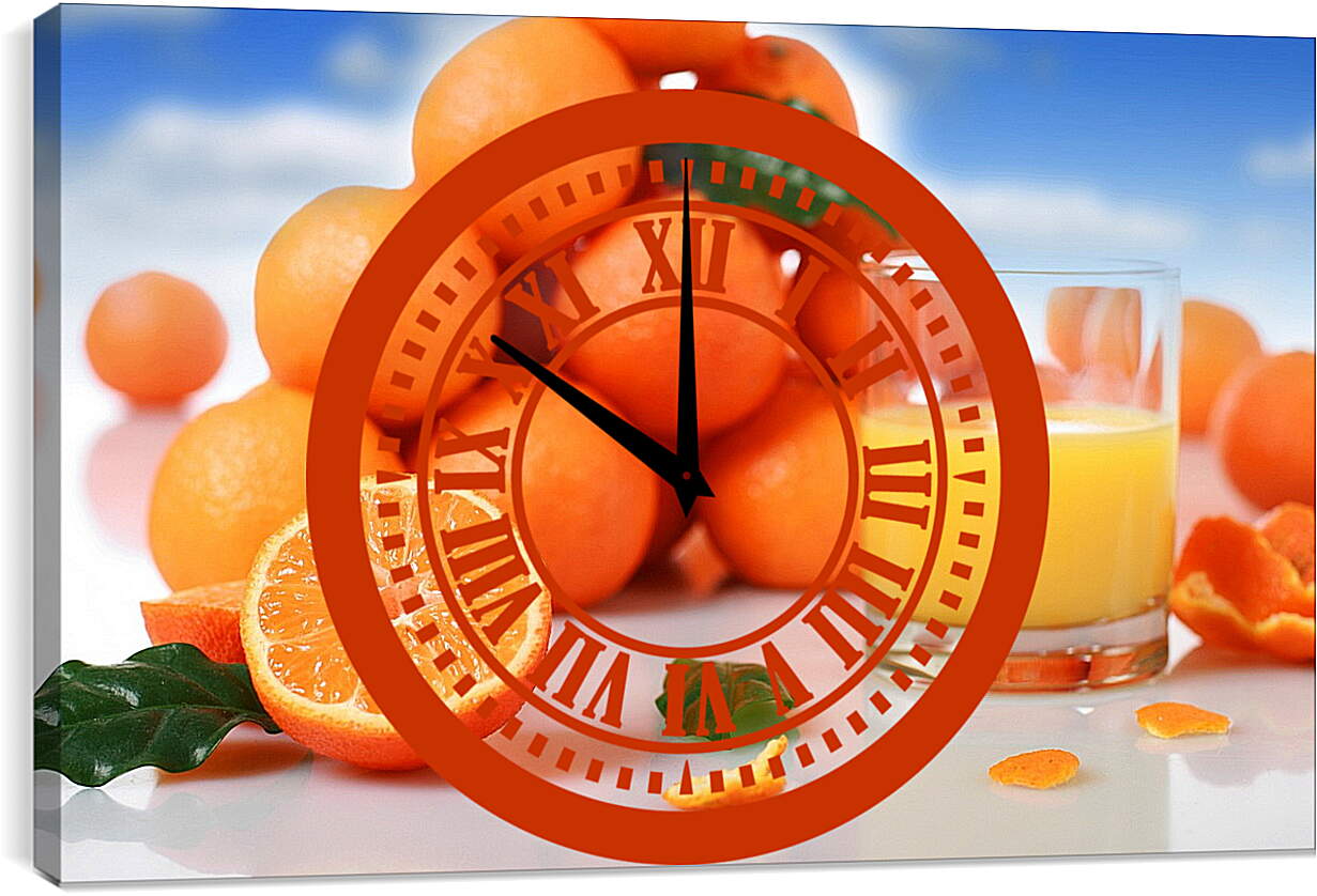 Часы картина - Апельсиновый сок в стакане и апельсины на столе