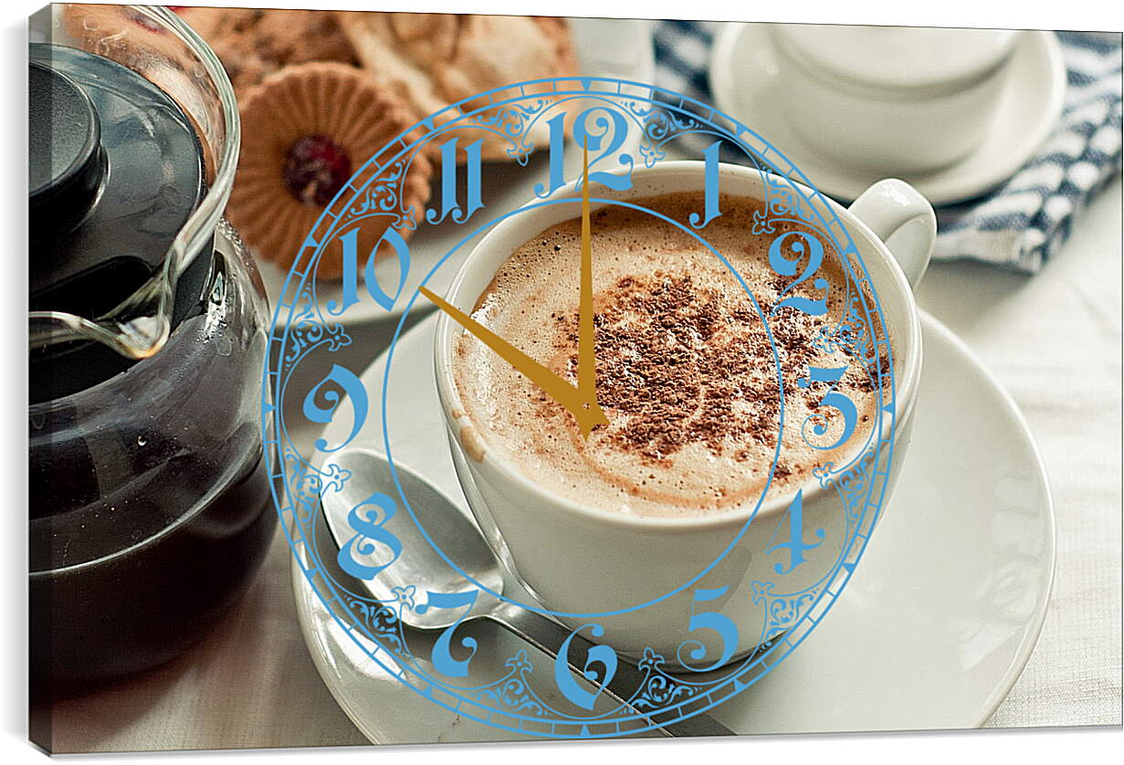 Часы картина - Чашка с чайной ложкой на блюдце и сладости на тарелке