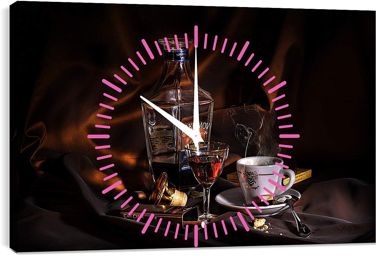 Часы картина - Налитый бокал рядом с бутылкой и чашка на блюдце