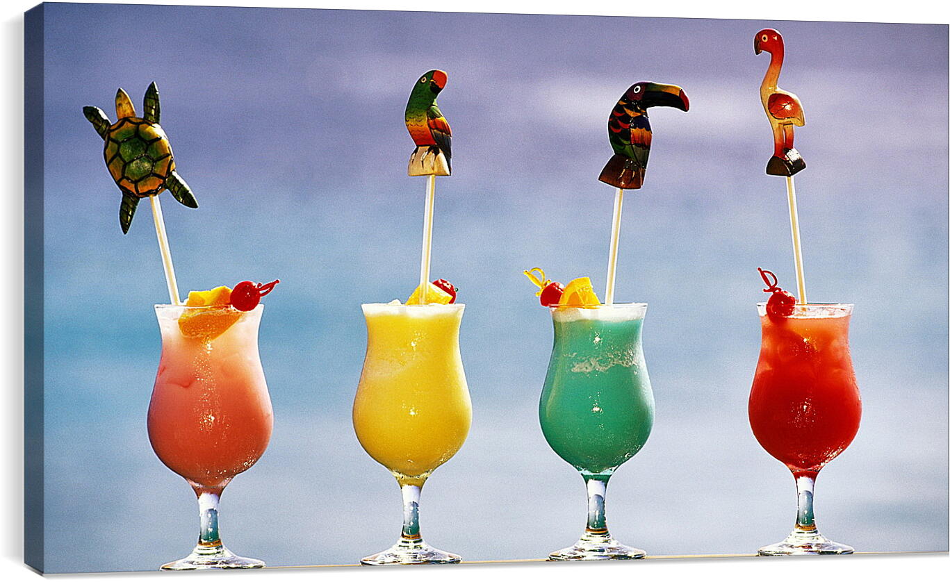Постер и плакат - Четыре разноцветных коктейля и зверюшки