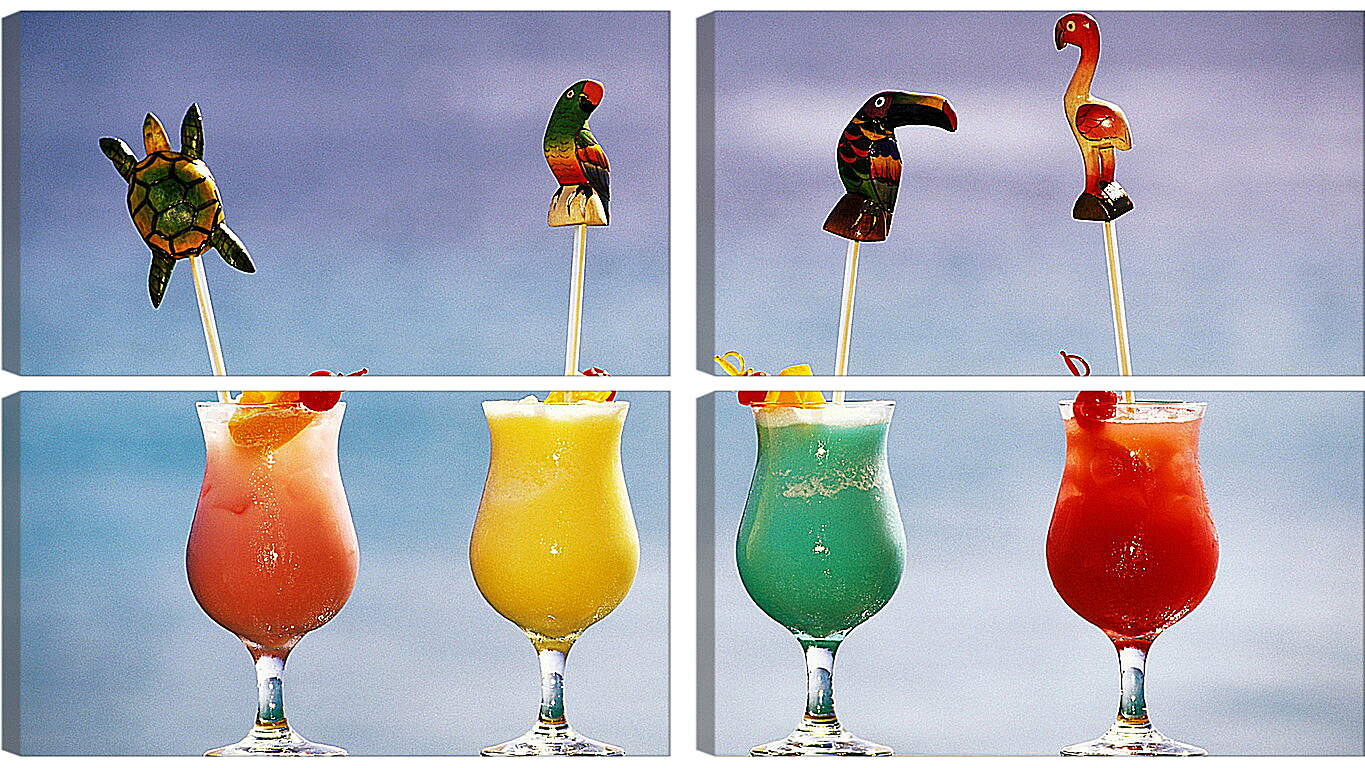 Модульная картина - Четыре разноцветных коктейля и зверюшки